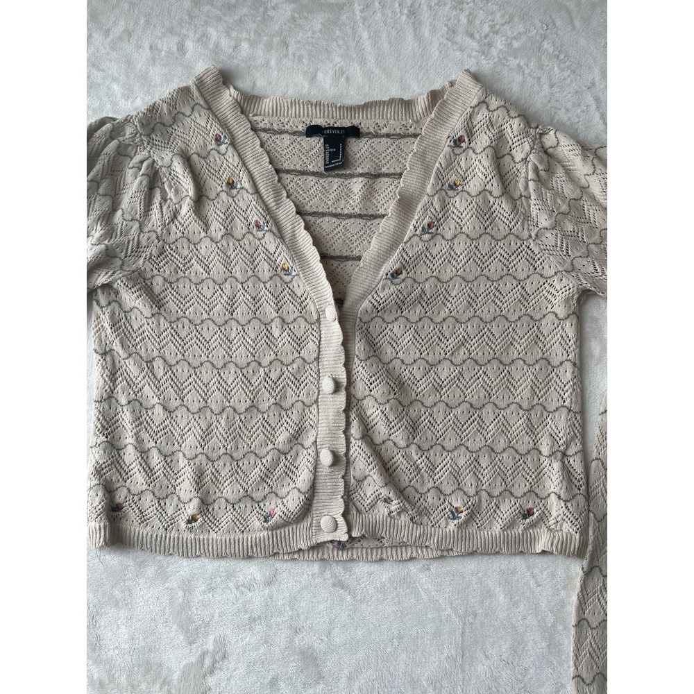 Forever 21 Beige Long Sleeve Button-Up Cardigan With Flower Embroidery Women's S - Picture 3 of 8
